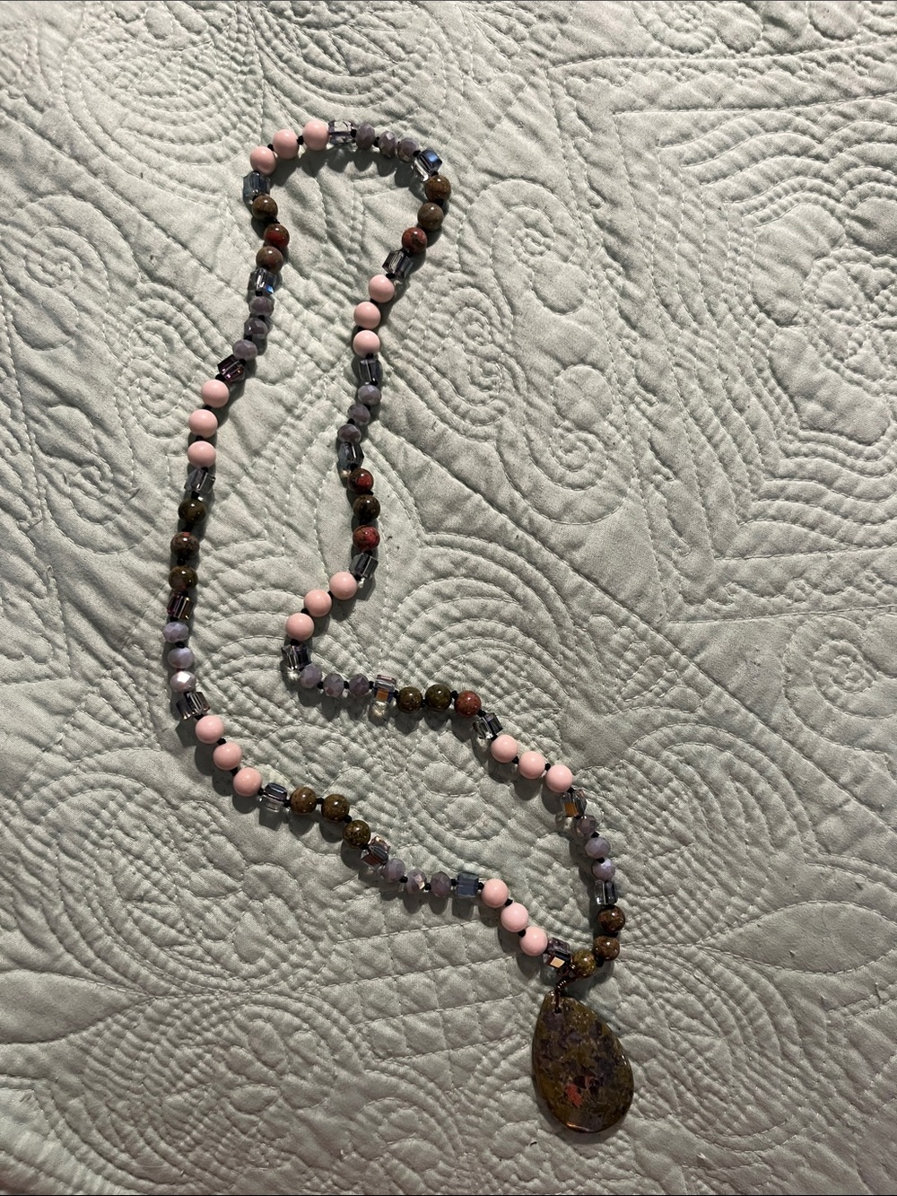 Handmade Cream & Brown Green Beaded Pendant Necklace
